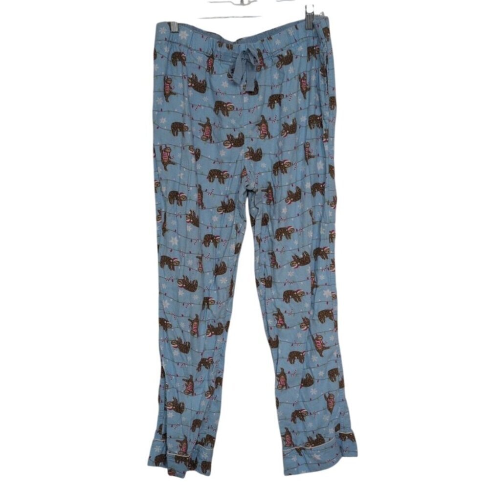 Lands End Sloth Christmas Pajama Pants Womens Size Medium Blue Flannel Casual